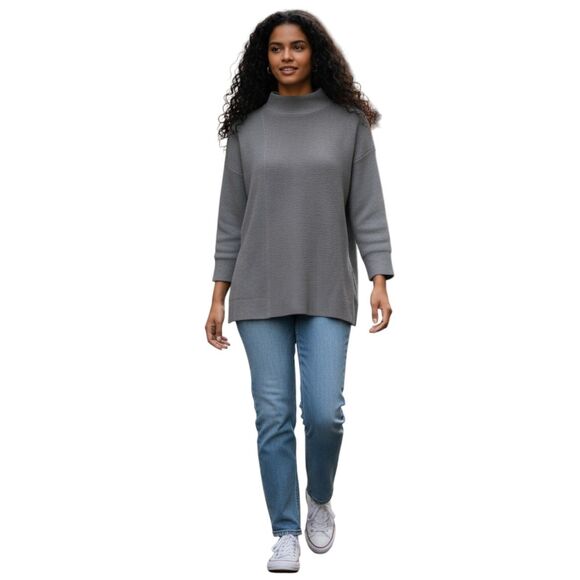BTFBM Gray Mock Neck Ribbed Knit Top Women’s Small Long Sleeve Stretch Pullover - Picture 2 of 10